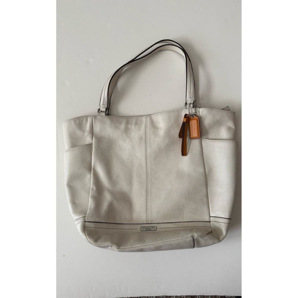 Coach H1380-F23662  Ivory Colored Pebble Leather Tote Bag Front Pocket Zipper